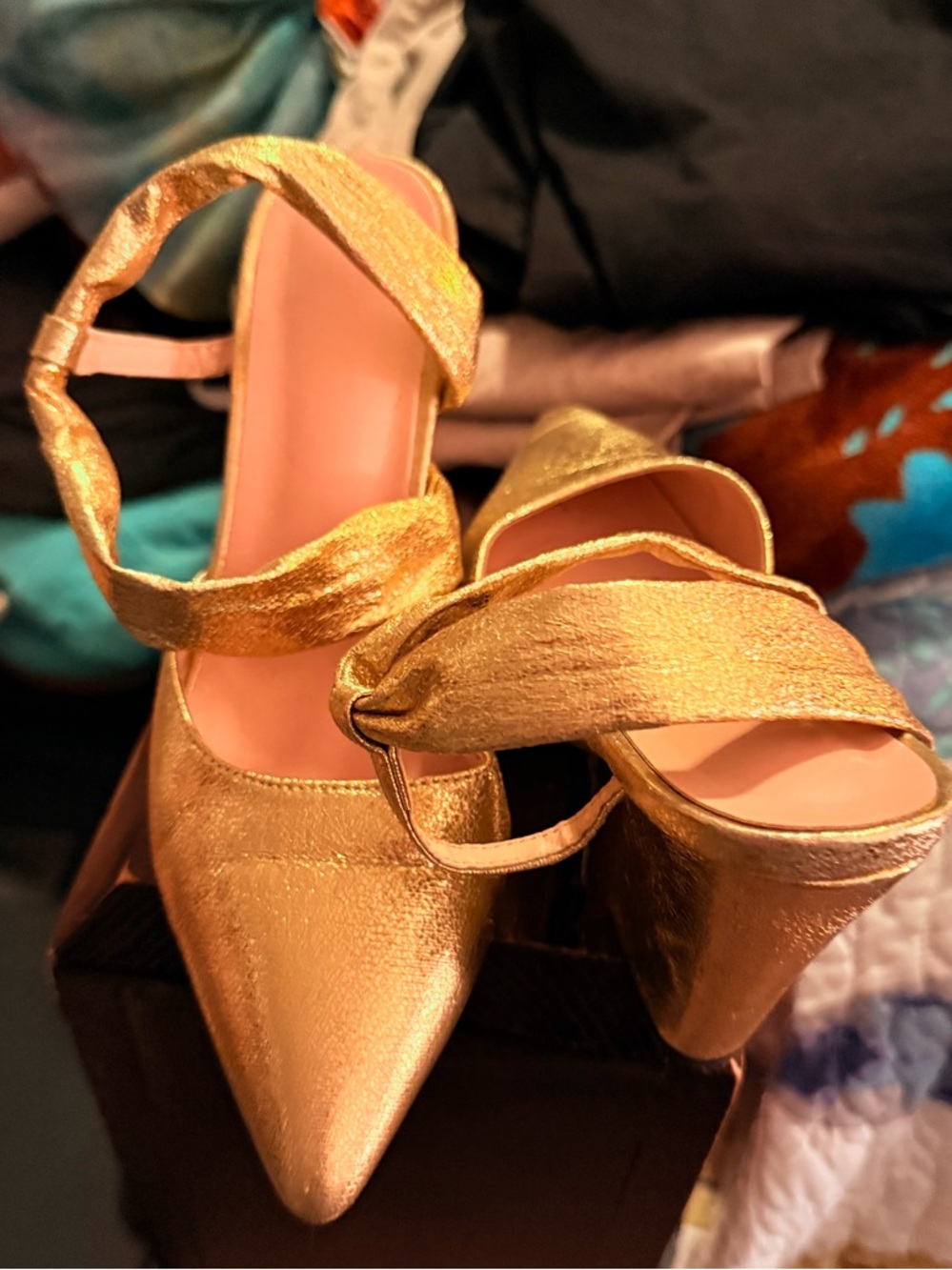 Gold Women's Pointed-Toe Heels with Ankle Strap